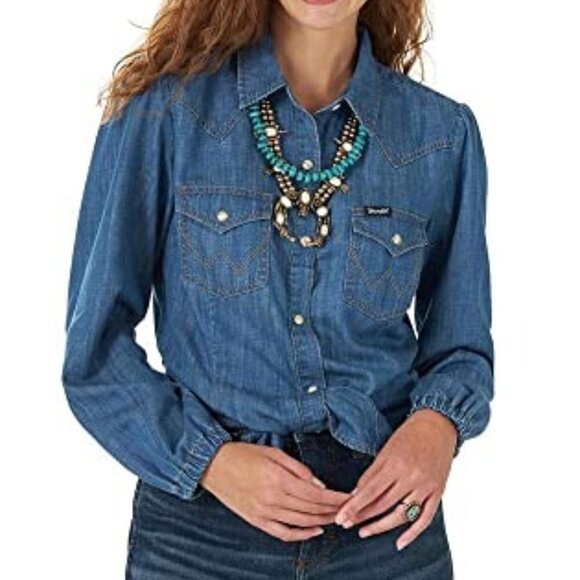 Wrangler Retro Women's Poet Sleeve Pearl Snap Denim Western Shirt - Picture 1 of 4